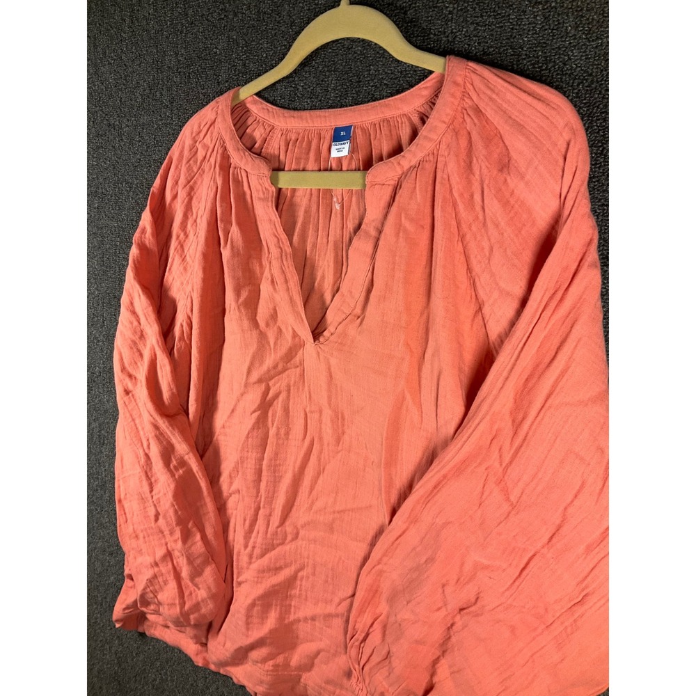 Old Navy Womens XL Coral Orange Double Gauze V-Neck Long Sleeve Blouse Top